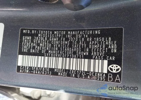 2015 Toyota Corolla Le Plus из США, поврежденный, VIN 5YFBURHE0FP198711